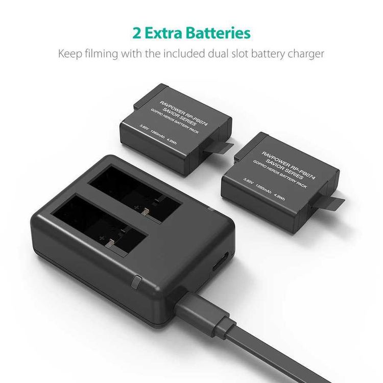 RAVPower GoPro Hero5 1260mAh BatteryX2pcs + Charger Set (RP-PB074-BK) - Black