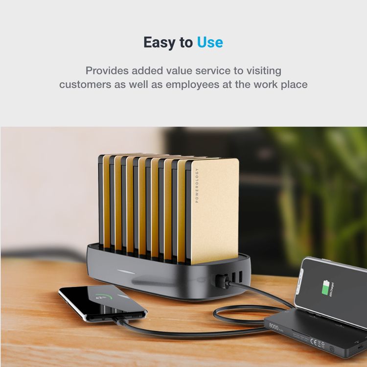 Powerology 8-in-1 Power Bank Station 8000mAh With Built-in Cable, Portable Power Bank and 1 Rapid Recharging Station Compatible iPhone Devices,  Type C Charging Ports - Gold