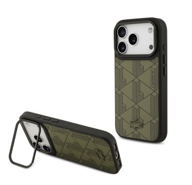 جراب Lacoste MagSafe بغطاء جلدي صناعي مع شعار Nomogramme وحامل كاميرا لهاتف iPhone 17 Pro، تصميم نحيف، معبأ بمواد مستدامة، حماية من الصدمات، تصميم سهل التركيب - أخضر