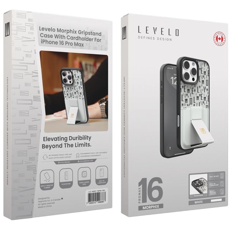 حافظة Levelo Morphix Gripstand مع حامل بطاقات لهاتف iPhone 16 Pro Max، حامل بطاقات مدمج، زوايا مقاومة للصدمات، ملمس نحيف بدون غطاء، حافة كاميرا مرتفعة، مادة فائقة المتانة - أبيض