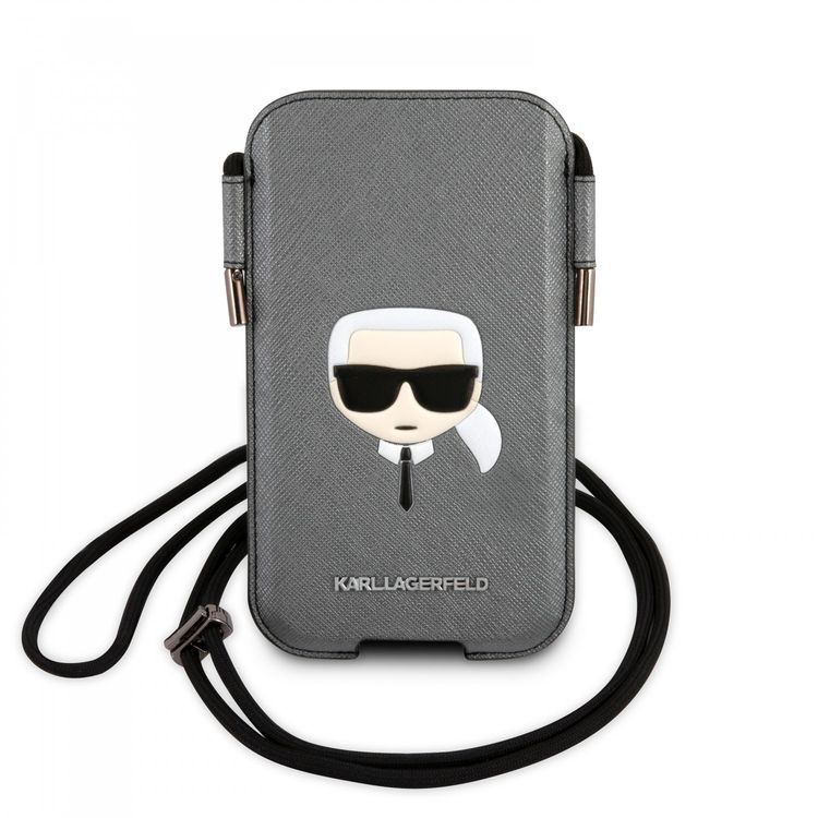 Karl Lagerfeld PU Saffiano Pouch With Karl`s Head Medium - Silver