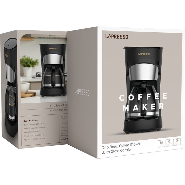 LePresso Drip Coffee Maker with Glass Carafe, 1.5L Water Tank Capacity, 900W Rated Power, 15 Cups Coffee Carafe Capacity, Washable Nylon Filter, Keep Warm Function - Black
