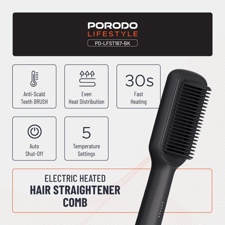 Porodo Lifestyle Electric Heated Hair Straightener Comb with 5 Temperature Settings, 33W Rated Power, 30 Seconds Fast Heating Time, 70% Frizz Reduction, Auto Shut-Off - Black
