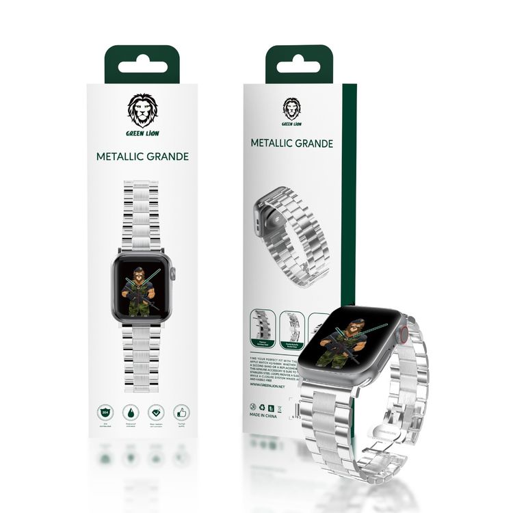 Green Lion Metallic Acero Correa Watch Strap for Apple Watch 42/44mm, Stainless Steel Material, Comfortable Fit, Easy Installation, Adjustable Metal Link Strap - Silver