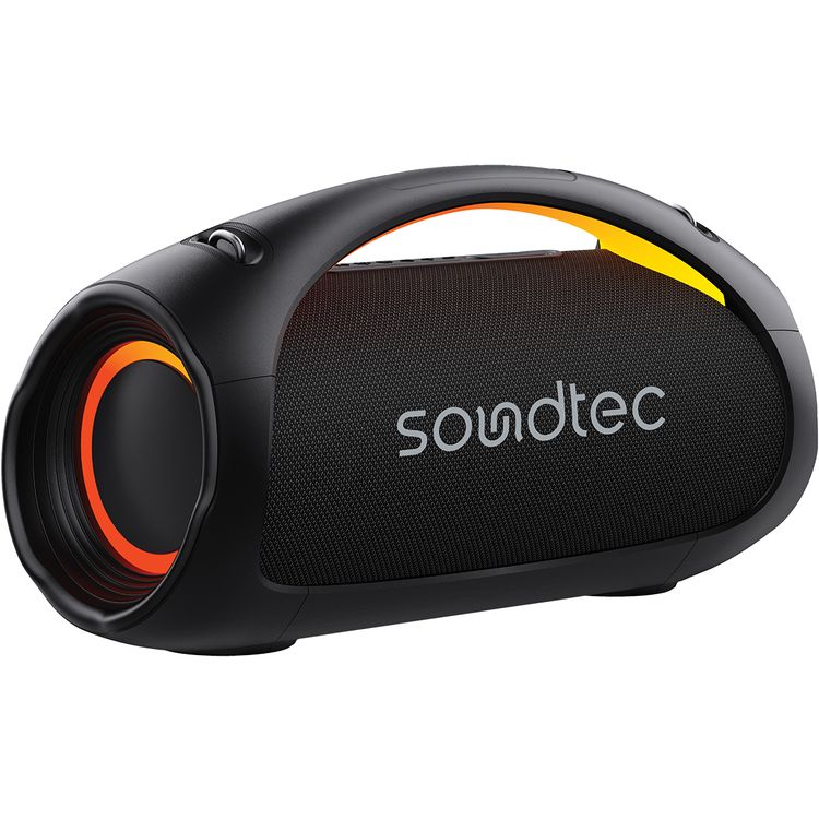 Porodo Rush Pro Portable Party Speaker with Voice Assistant, IPX6 Water Resistant, 5 Hours Play Time, RGB Lights, 7000mAh Battery Capacity, USB-A & USB-C Connector Type, 10m Transmission Range, Bluetooth Version 5.3, 10 Hours Charging Time, Power Bank Function, Grip Handle - Black