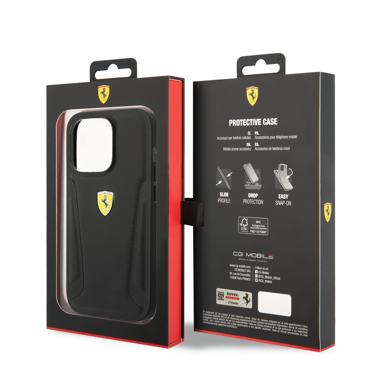 Ferrari Leather Case With Hot Stamped Sides & Yellow Shield Logo - iPhone 14 Pro - Black