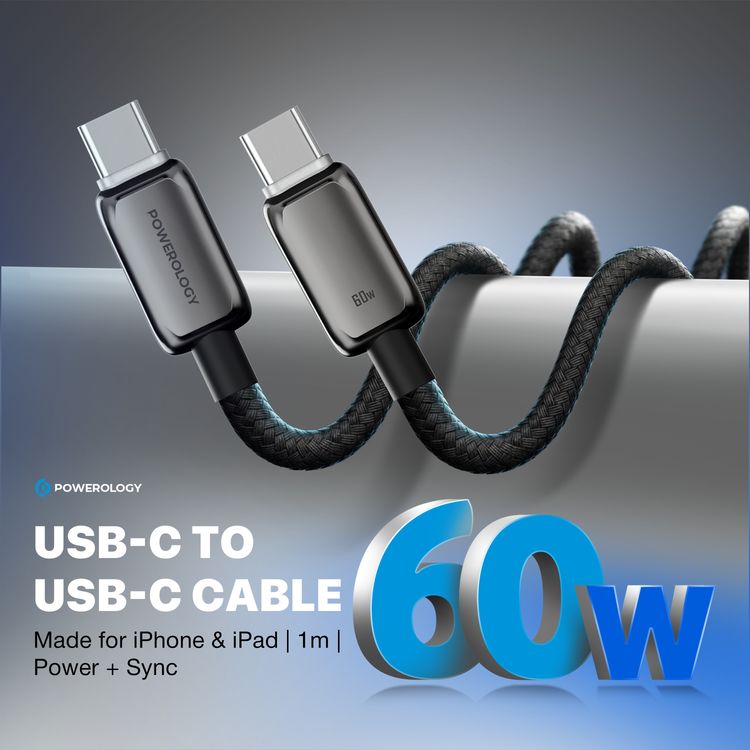 كابل Powerology Zinco Series USB-C إلى USB-C مع تقنية PD 60 وات، شحن عالي السرعة، طول الكابل 1 متر، مصنوع من النايلون المضفر ومادة سبائك الزنك، سرعة نقل بيانات 480 ميجابت في الثانية - رمادي