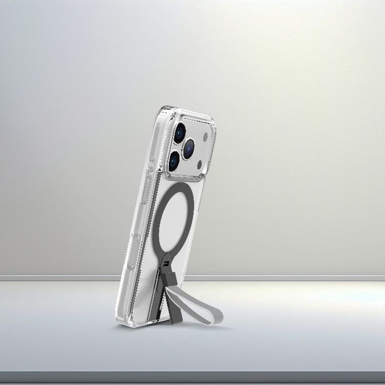 Levelo Spira MagSafe Clear Grip Case for iPhone 17 Pro Max, Strong Magnets, Horizontal & Vertical Viewing, Shock-Resistant Bumper, Anti-Scratch, 360° Rotating Metal Kickstand - Silverstone