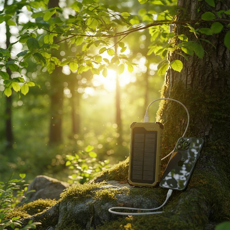Powerology Solara 10000mAh Solar Power Bank with Built-in Safeguards, Dual LED Panels, Simultaneous Charging, Solar Charging, 3 Light Modes, IP65 Water Resistance Level, PD 20W, 1200 Lumens Maximum Brightness, QC 22.5W, USB-A to USB-C Cable, Solar Charging - Khaki