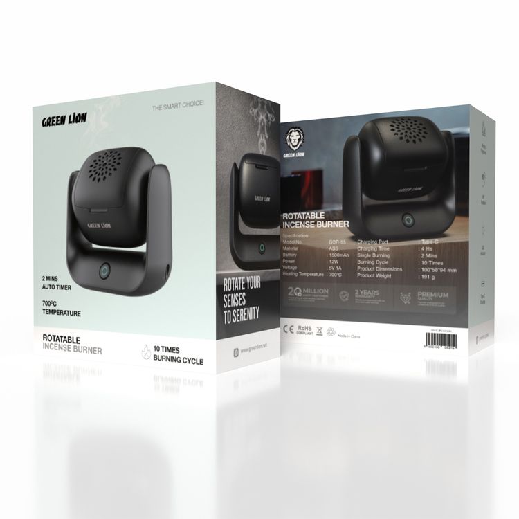 مبخرة دوارة من جرين ليون، سعة بطارية 1500 مللي أمبير، منفذ شحن من النوع C، درجة حرارة تسخين 700 درجة مئوية، حرق واحد لمدة دقيقتين، دوران 90 دmperature, 2 Minutes Single Burning, 90° Rotation, LED Indicatorرجة، مؤشر LED