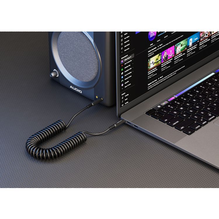 Porodo 3.5mm AUX to 3.5mm AUX Coiled Audio Cable with 1.2m Length, Universal Compatibility, Auto-Retract & Tangle-Free Design - Black