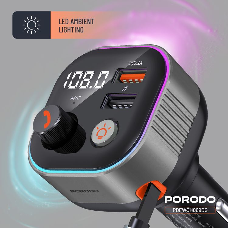 Porodo Audio Boost Bluetooth FM Transmitter Quick-Charge Car Charger with 65W PD, USB-A & USB-C Outputs, USB Flash, 80cm Retractable Type-C Cable, 87.5-107.8 FM Frequency, LED Ambient Lighting, Universal Compatibility - Dark Gray