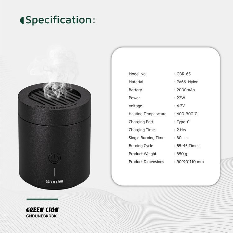 Green Lion Dune Bakhour Incense Burner with 2000mAh Battery Capacity, PA66 & Nylon Material, 300-400°C Heating Temperature, 2 Hours Charging Time, Type-C Charging Port, Strong Fragrance, Included Tweezer - Black