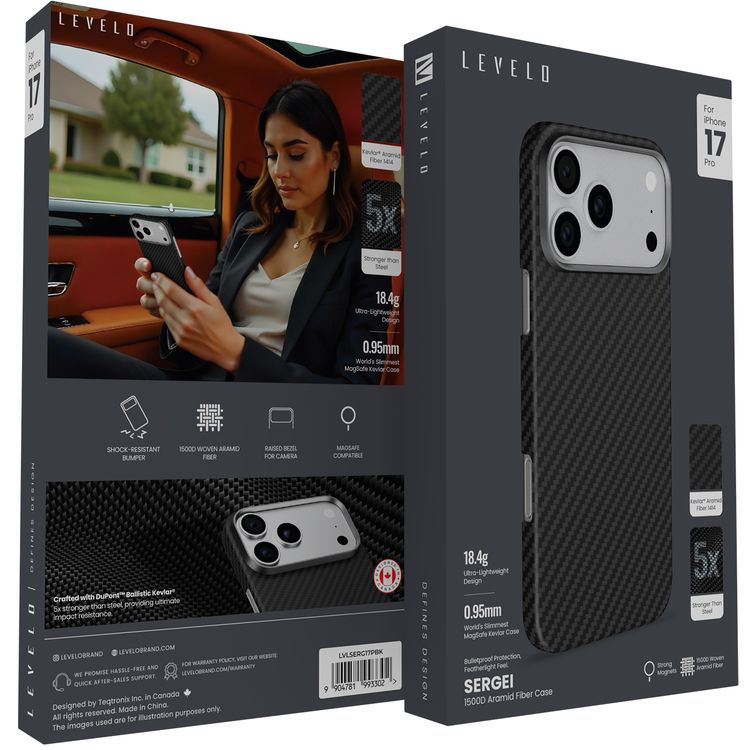Levelo Sergei 1500D Aramid Fiber Case for iPhone 17 Pro, 5 Times Stronger than Steel, 0.95mm Thickness, Strong Magnets & MagSafe Compatible, Shock-Resistant Bumper, Bulletproof Protection, Raised Bezel for Camera, Ultra-Lightweight Design - Black