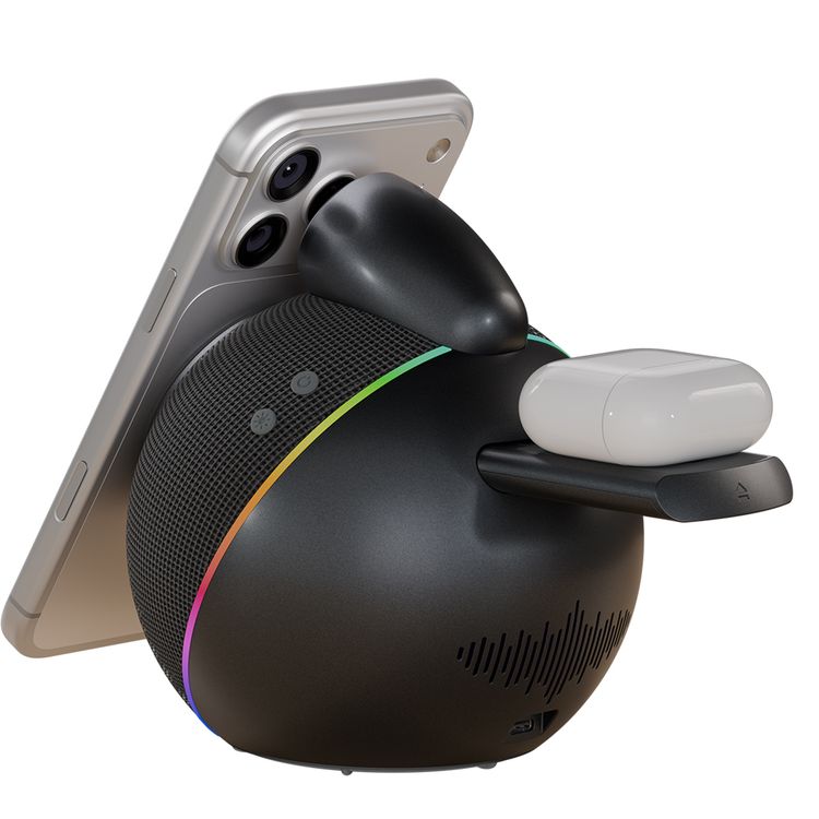 Levelo Aira 2-in-1 Wireless Charger with Built-in 10W Speaker, Shock-Absorbing Bottom Pad, Dual-Frequency Bionic Cavity, Ambient Glow Light, Qi2.2 Technology, Integrated Sound, N52 Strong Magnets, 10m Transmittance Distance, Compact Sphere Design, Impressive Sound - Black