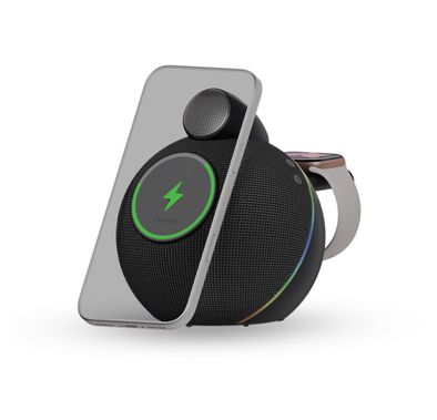 Levelo Aira 2-in-1 Wireless Charger with Built-in 10W Speaker, Shock-Absorbing Bottom Pad, Dual-Frequency Bionic Cavity, Ambient Glow Light, Qi2.2 Technology, Integrated Sound, N52 Strong Magnets, 10m Transmittance Distance, Compact Sphere Design, Impressive Sound - Black
