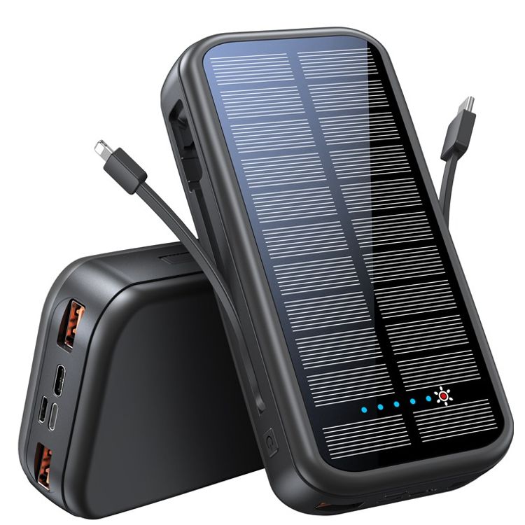 Green Lion PD2OW Solar 2 20000mAh Power Bank, Built-in Type-C & Lightning Cables, Short Circuit and Overvoltage Protection - Black