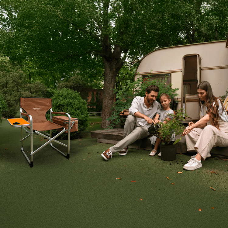 Porodo Lifestyle Outdoor Folding Director Chair with Cooler Bag & Side Table, Cup Holder, 600DPE Fabric & Aluminum Tube Material, 120kg Max Load Capacity, Anti-Slip Base, Foldable Design - Brown