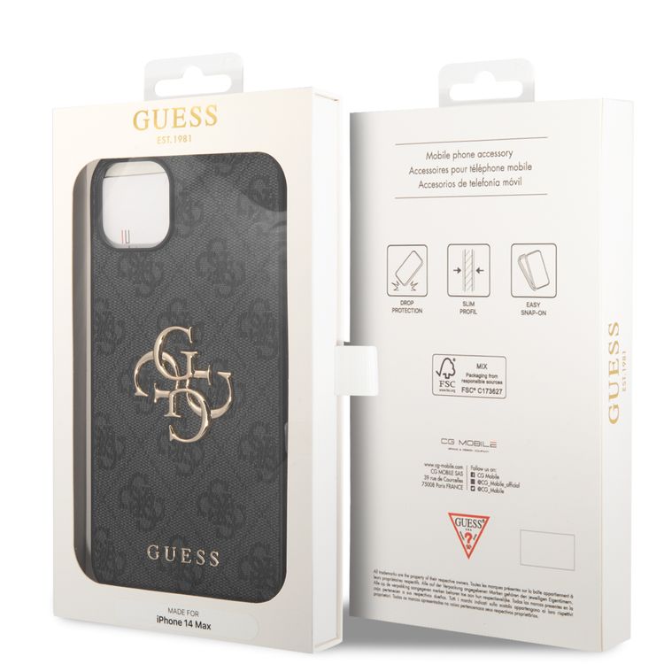Guess PU Leather 4G Classic and Stylish Case with Big Metal Logo iPhone 14 Plus Compatibility - Grey
