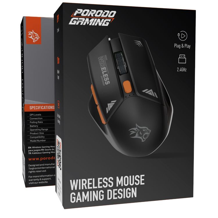 Porodo Gaming Wireless Mouse, 3 Levels DPI, 10m Wireless Range, Power Saving Technology, Mac & Windows Compatible - Black