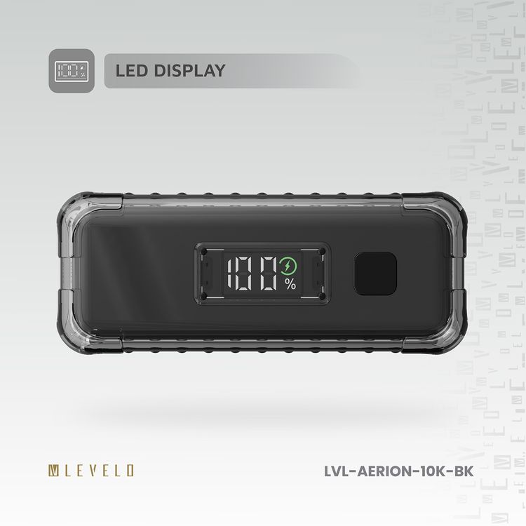 Levelo Aerion Portable 10000mAh Power Bank with Luggage Design, LED Display, Over Current Protection, Lithium-ion Battery, Grip Cable, Fast Charging Support - Black