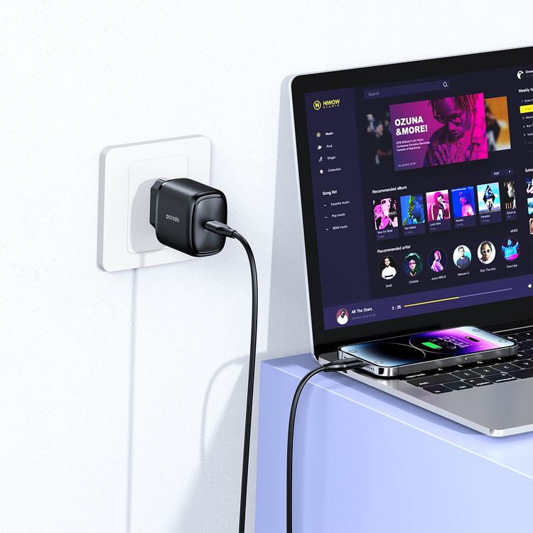 Porodo EU Quick Charger with 1.2m USB-C to USB-C Cable, 20W Power Delivery, Overheat Protection, Simultaneous Charging, 0%-60% Charge in 35 Minutes - Black