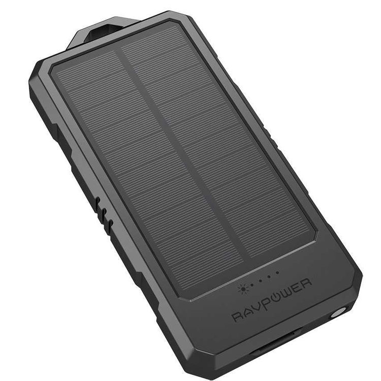 RAVPower Portable Solar Charger Powerbank 15000mAh w/ iSmart 2.1A Port - Built-in Flashlight - Solar & Micro-B Dual Input - IPX6 Splash/Dust/Shock-proof Design Powerbank - Black