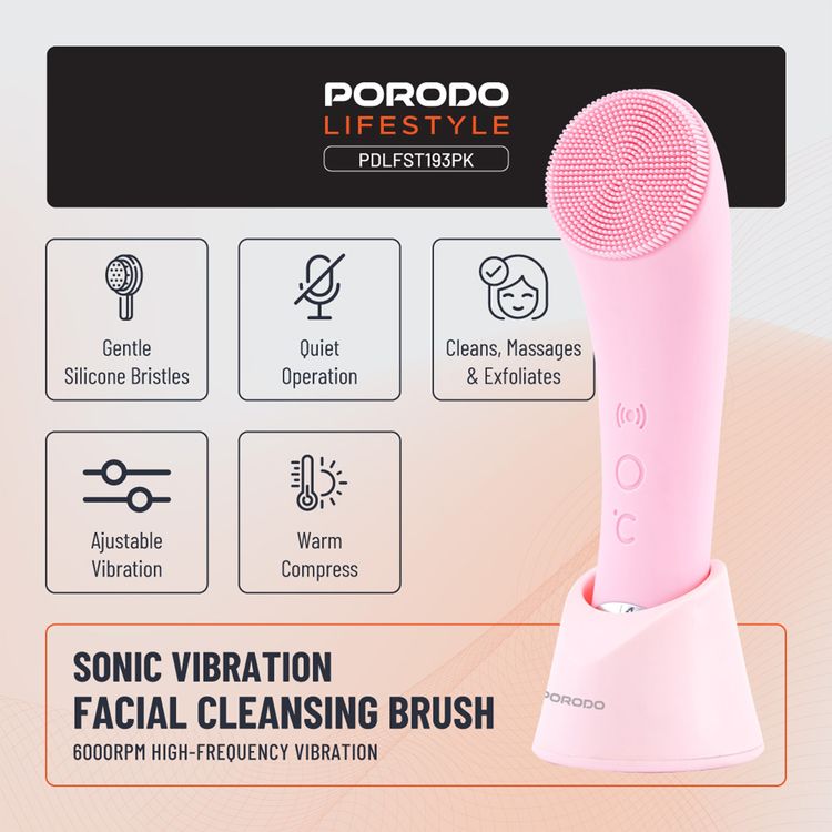 Porodo Sonic Vibration Facial Cleansing Brush with Massage & Exfoliate Function, 6000RPM High-Frequency Vibration, Warm Compress, 400mAh Battery Capacity, USB-C Charging Interface, 2 Hours Charging Time, Gentle Silicone Bristles - Pink
