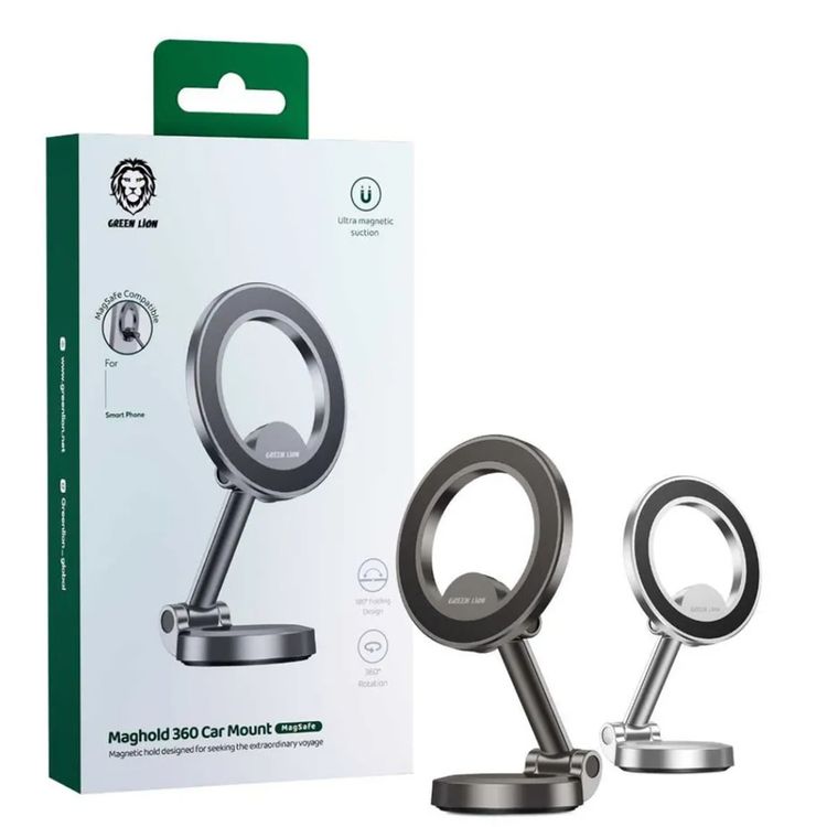 Green Lion Maghold 360 Car Mount, MagSafe Compatible, Powerful Magnet, Zinc Alloy Material - Silver