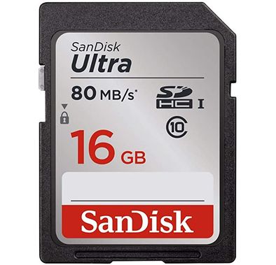 SanDisk Ultra SDHC Memory Card Up to 80 MB/s, Class 10, 16 GB, Black/Grey