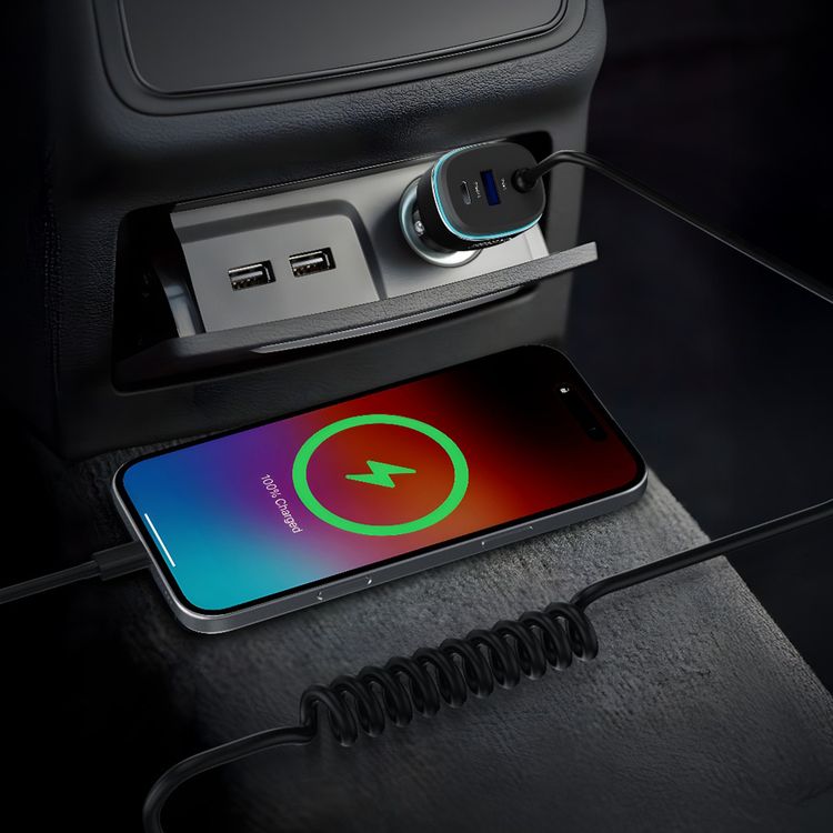 Powerology 120W Fast Car Charger, 0.3-1.2m Stretchable Cable, USB-C & USB-A Ports, Universal Compatibility, Fast Charge, 45W Power Delivery, 120W Total Output - Black / Gray