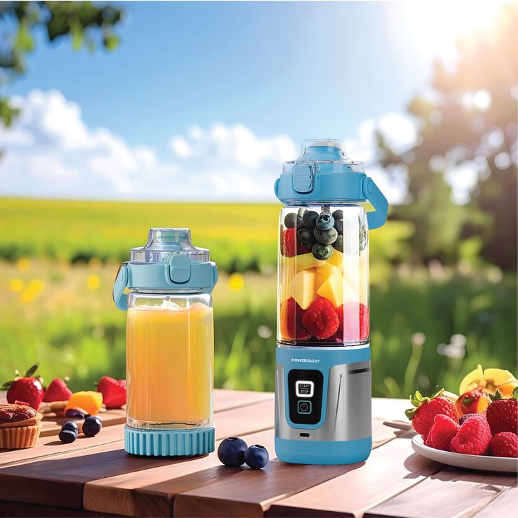 Powerology DuoMix Portable Blender with Cut Fruit & Ice Crusher, 600mL Capacity, 120W Rated Power, USB-C Charging Port, Leak-Proof Design, 2× 2000mAh Battery, 14000RPM Motor Speed, Flipping Bottom Food - Blue