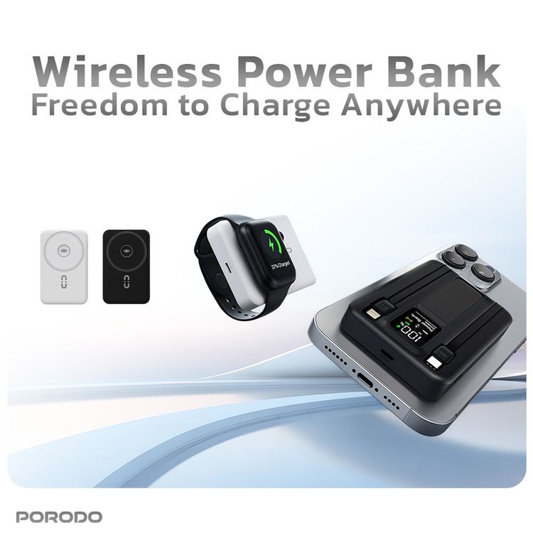 بورودو بنك طاقة لاسلكي مغناطيسي بسعة 10000 مللي أمبير مع حامل كابل مدمج USB-C + Lightning، شحن متزامن، عرض رقمي، PD 22.5W - أسود