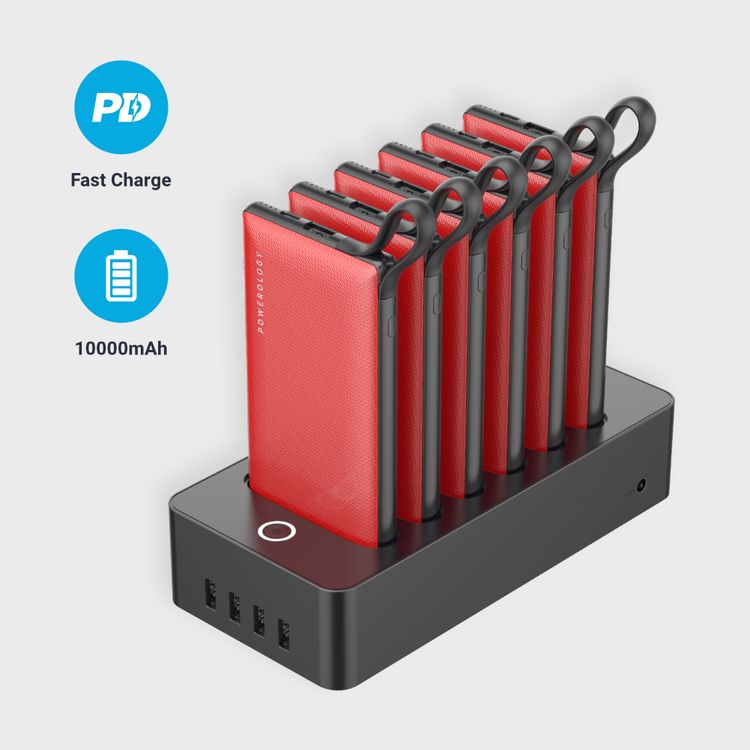 Powerology 6 in 1 Power Bank Station 10000mAh With Built-in Cable, Portable Power Bank, 1 Rapid Recharging Station, Type C Charging Ports - Red 