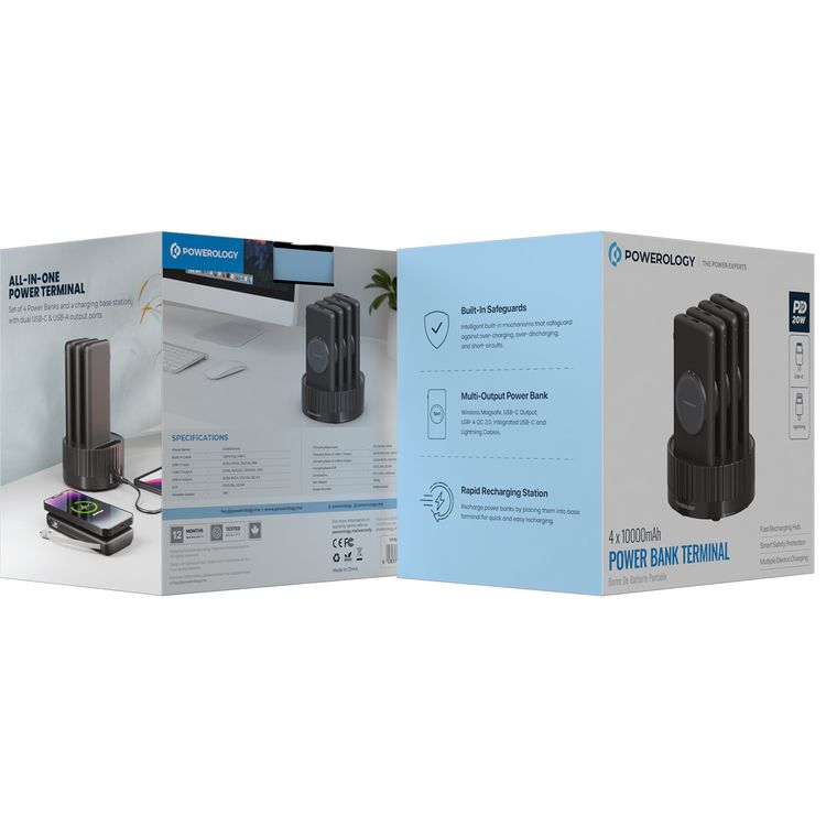 محطة طاقة 4 في 1 من باورولوجي بسعة بطارية 10000 مللي أمبير، وكابل مدمج، ومحطة شحن سريعة، وشاشة عرض طاقة 20 وات، ومخرج لاسلكي 15 وات، وضمانات مدمجة - أسود