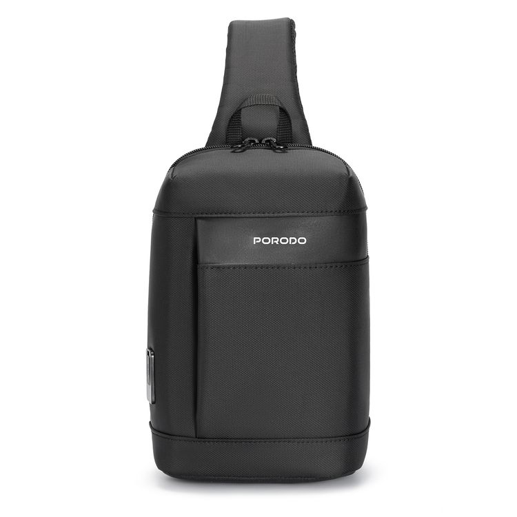 Porodo Cross Body Bag with Water-Resistant Material, Adjustable Shoulder Strap, Secure Device Storage, Padded Back Panel, Type-C Charging Port - Black