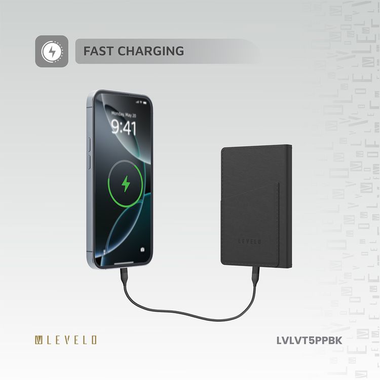 باور بانك محمول 3 في 1 من ليفيلوا فيرمونت، سعة بطارية 5000 مللي أمبير/ساعة، بطارية ليثيوم أيون، مصنوع من الألومنيوم + جلد البولي يوريثان، شحن سريع - أسود
