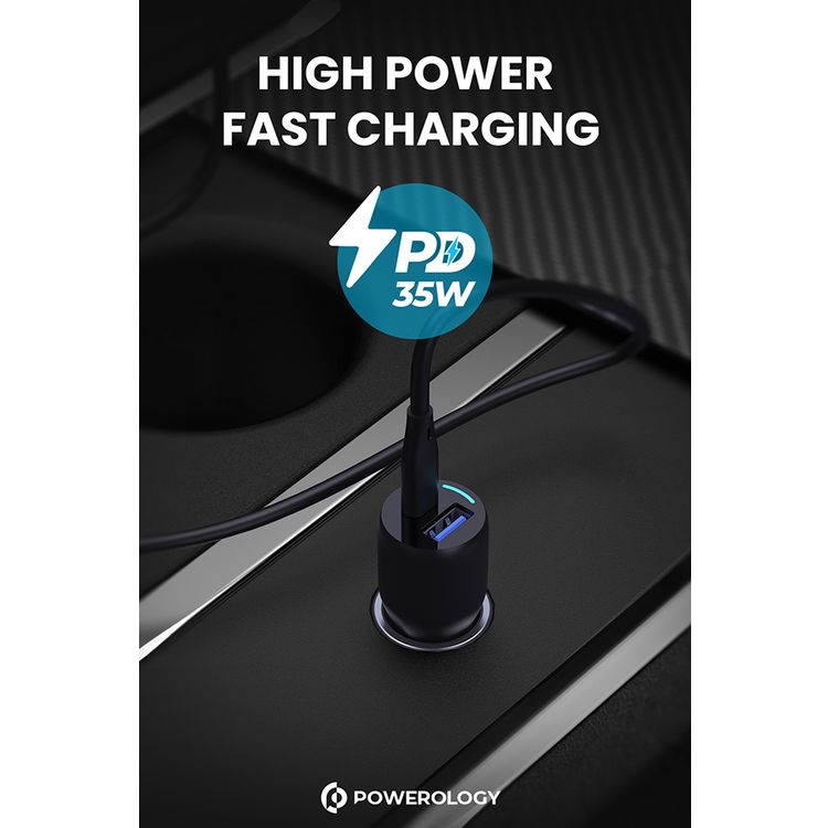شاحن سيارة بمنفذ مزدوج من باورولوجي مع توصيل طاقة 35 وات، شحن سريع، مخرجات USB-C وUSB-A، أدوات حماية مدمجة، تصميم حاصل على براءة اختراع، طاقة إجمالية 53 وات - أسود