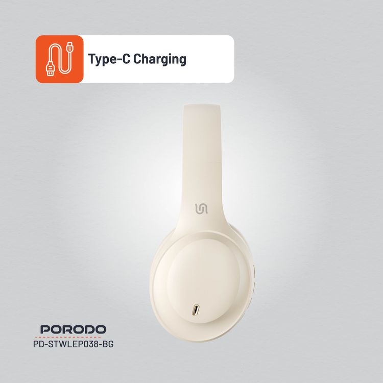  Porodo Soundtec Wireless Headphones with 400mAh Battery Capacity, 1.5 Hours Recharge Time, Up to 50 Hours Working Time, Type C Charging Port, Bluetooth V5.4 - Beige