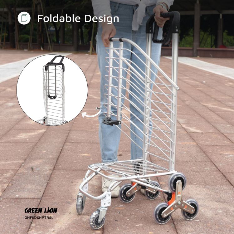 Green Lion Foldable Shopping Trolley with Shopping Bag & Elastic Ring, 20kg Maximum Load, Multiple Use, 8 Wheels, 360° Rotating Handle - Silver