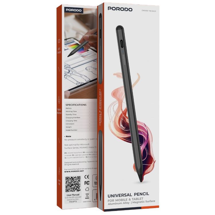 Porodo Universal Pencil For Mobile and Tablet with 1.5mm Tip, 30 Days Standby Time, 8 to 10 Hours Working Time, 1.5 Hours Charging Time, 140mAh Battery Capacity - Black