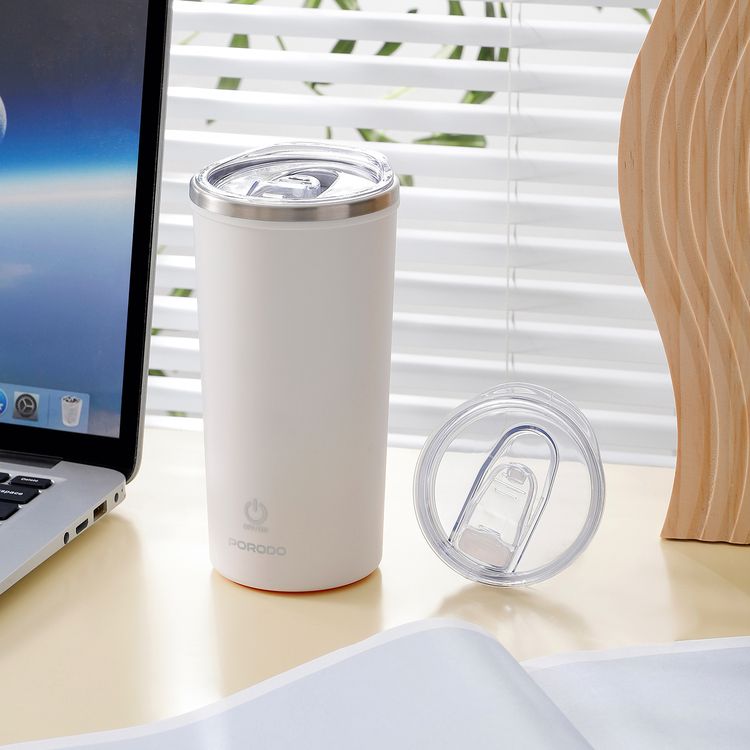 Porodo Lifestyle Auto-Stirring Insulated Mug with 400mL Capacity, Anti-Slip Base, 300mAh Battery Capacity, 120-Seconds Mixing Time with Auto-Stop - White