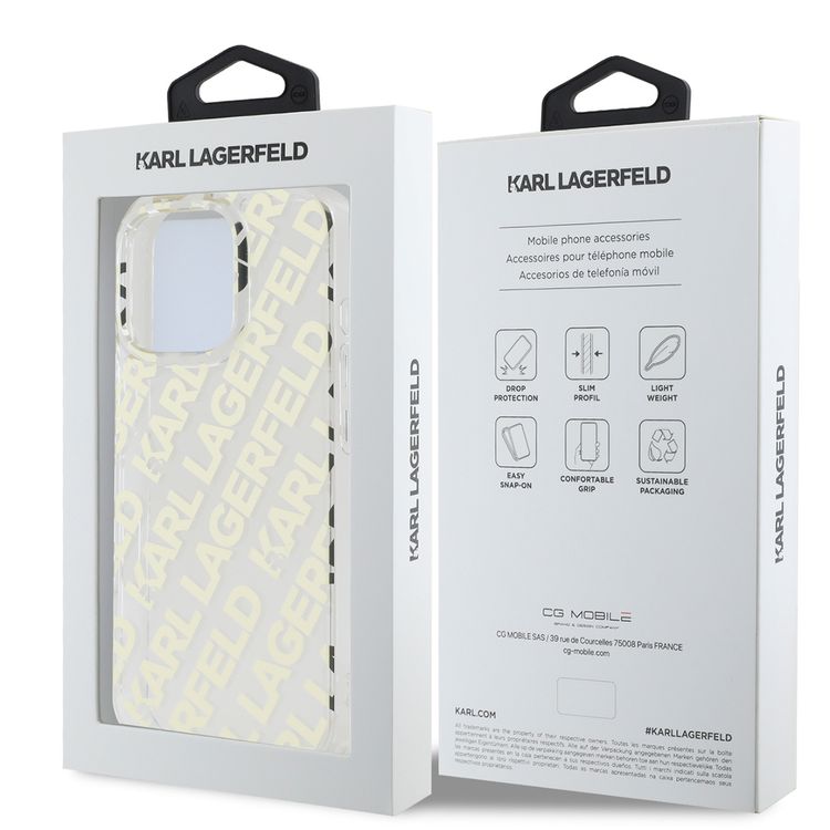 كفر Karl Lagerfeld IML الصلب مع شعار متكرر مطلي كهربائيًا لهاتف iPhone 16 Pro Max، حماية من السقوط، سهل التركيب، تغليف مستدام - ذهبي