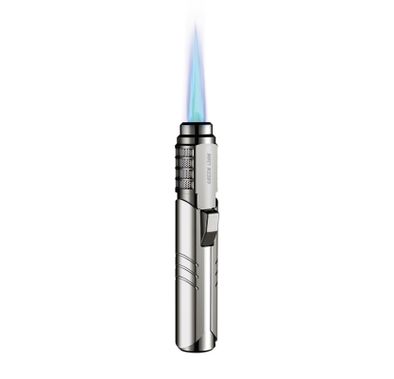 Green Lion Jet Flame Windproof Lighter with 183mL Capacity, 1300°C Temperature, Up to 16cm Flame High, Butane Gas Type, Cooling Holes, Safety Lock, ABS & Zinc Alloy Material, Adjustable Flame - Silver