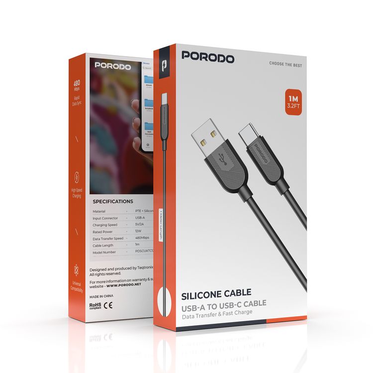 Porodo Silicone USB-A to USB-C Cable with Data Transfer, 12W Charging, Rapid Data Sync, PTE + Silicone Material - Black