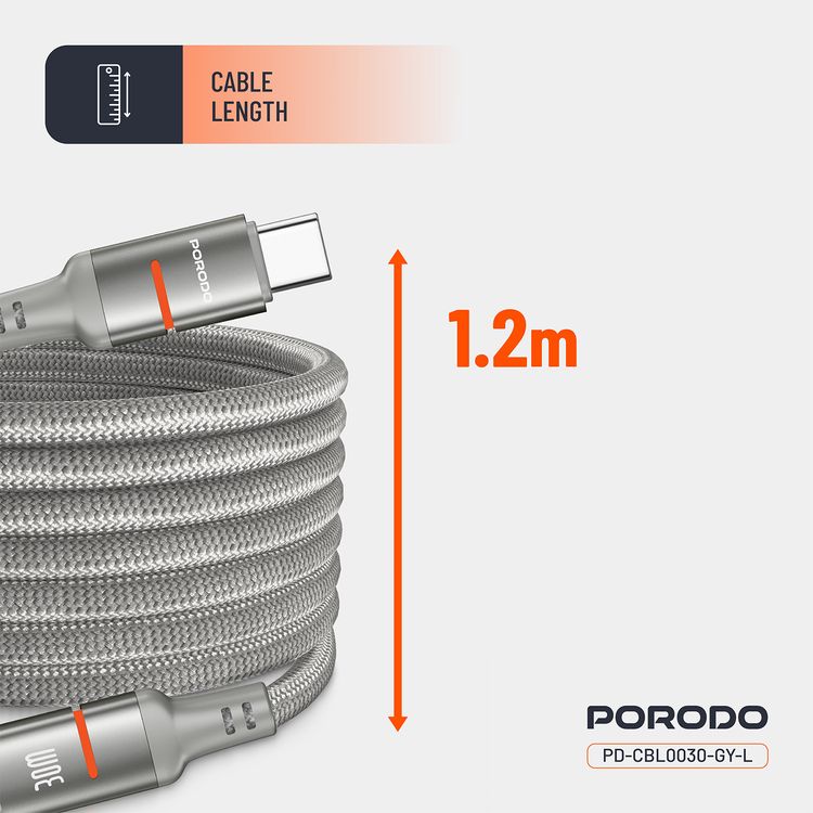 Porodo Type-C to Lightning Magnetic Braided Cable with 30W Power Delivery, 1.2m Cable Length, More than 15,000 Bends Lifespan, Tangle-Free Design - Gray