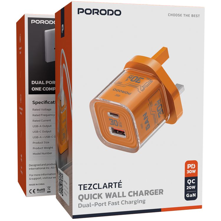 Porodo TEZCLARTÉ Quick Wall Charger with Dual Port Fast Charging, Flame Retardant Housing, Transparent Design, PD 30W USB-C Output, QC 20W USB-A Output - Orange