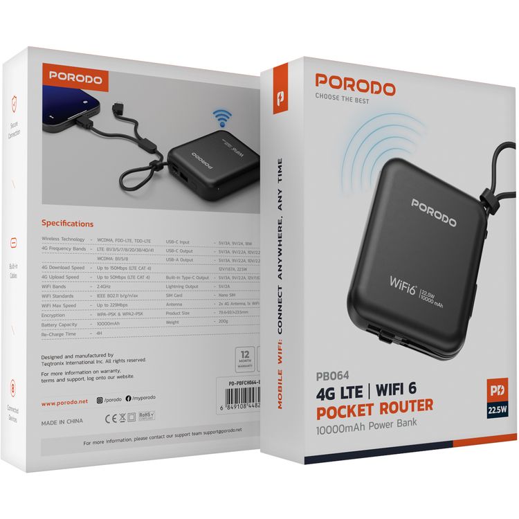 Porodo Portable 4G LTE WiFi Router,10000mAh Battery Capacity, 150Mbps Download Speed, 50Mbps Upload Speed, Built-in Cables, Secure Connection - Black