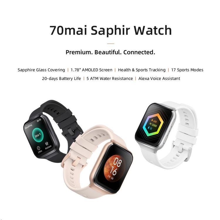 Xiaomi 70Mai Saphir Watch, Sapphire Glass Covering, 1.78'' AMOLED Screen, 10+ Days Battery Life, Health & Fitness Tracking - Silver