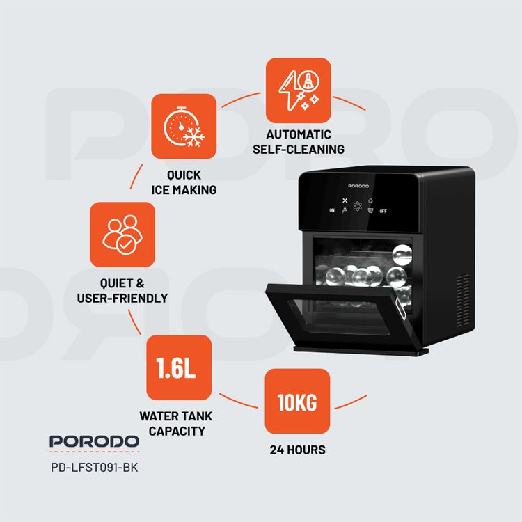 Porodo Lifestyle Sphere Ice Machine with Automatic Self-Cleaning, 4 Ice Spheres per Cycle, 1.6L Water Tank Capacity, Quiet & User-Friendly - Black